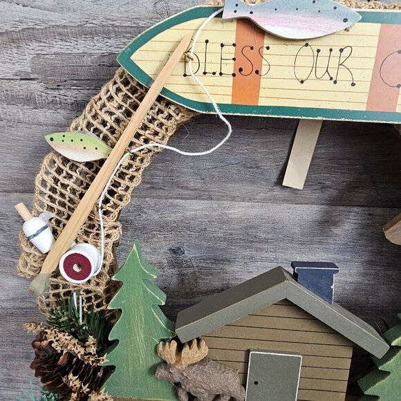 LTD Bless Our Cabin Bear Moose Fishing Woods Rustic Wreath NEW - Picture 3 of 6